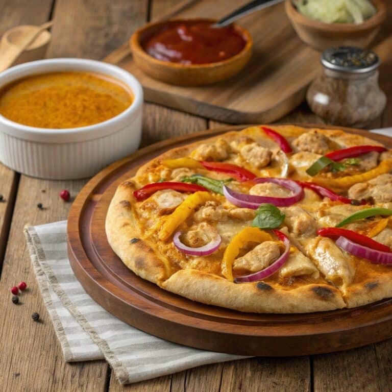 Curry pizza topped with chicken, bell peppers, and cilantro on a wooden platter.