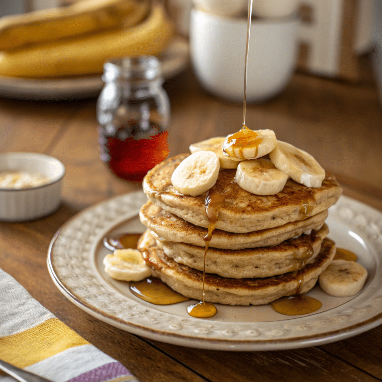 A stack of banana oatmeal pancakes topped with sliced bananas and maple syrup.