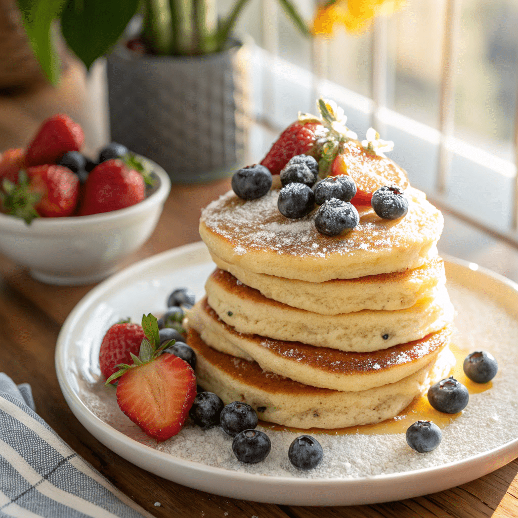 6 Lemon Ricotta Pancakes: Fluffy, Zesty and perfect for Breakfast 1 A stack of lemon ricotta pancakes with fresh berries and powdered sugar.