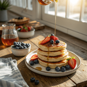 A stack of golden protein pancake topped with fresh fruit and syrup.