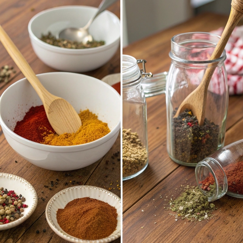 Mixing Chicken Taco Seasoning Step-by-step process of mixing spices to create chicken taco seasoning
