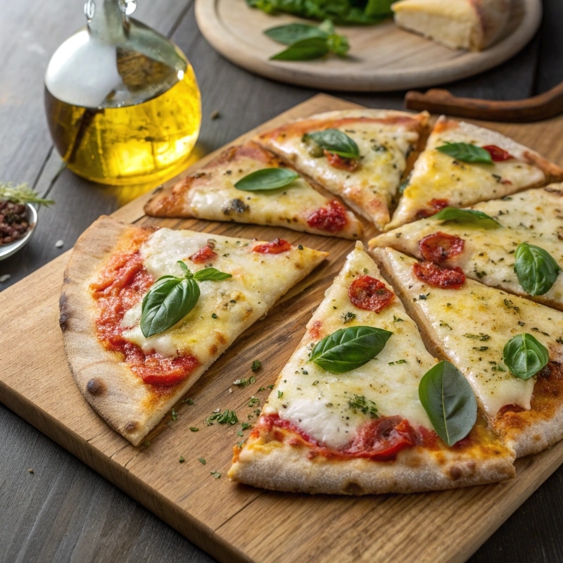 Sliced Italian pizza with fresh basil
