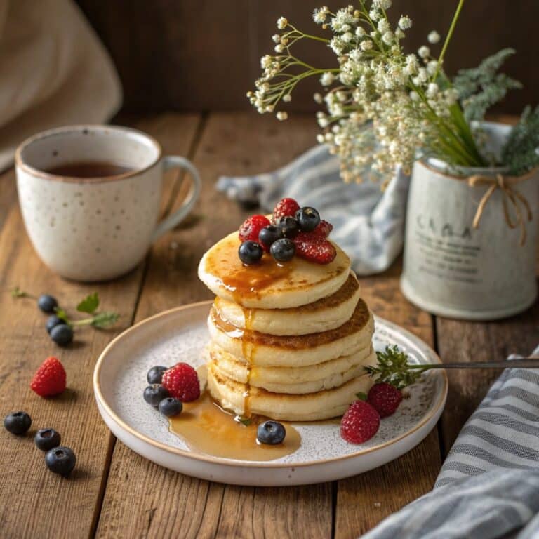 A stack of mini pancakes with syrup dripping down, topped with fresh berries.
