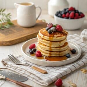 A stack of mini pancakes with syrup dripping down, topped with fresh berries.