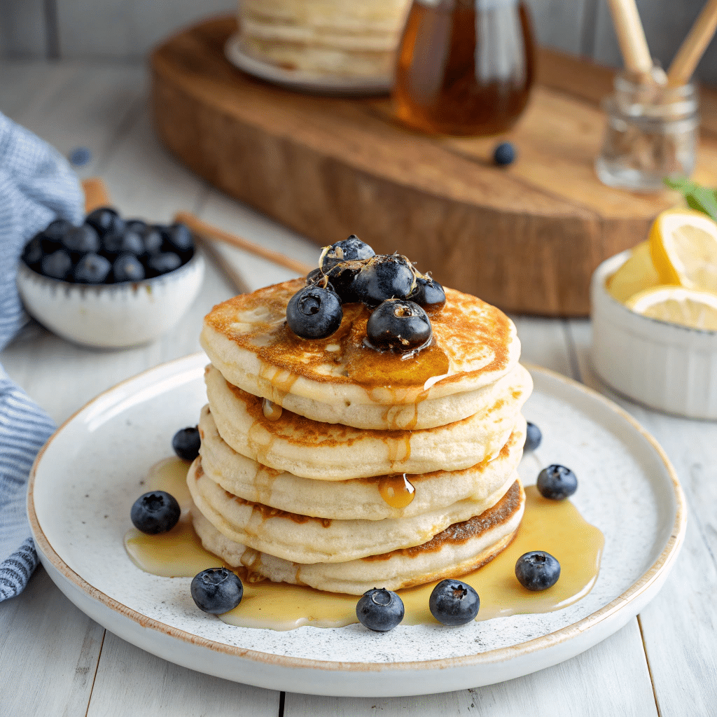 6 Lemon Ricotta Pancakes: Fluffy, Zesty and perfect for Breakfast 4 Lemon blueberry ricotta pancakes on a white plate with syrup