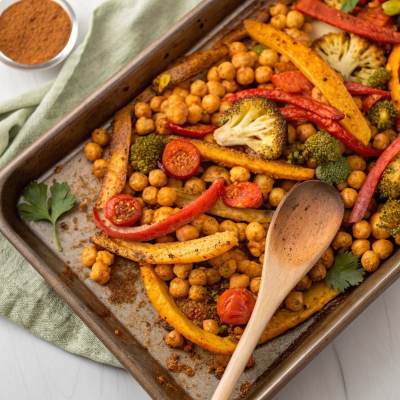 Taco-Inspired Vegetables Taco seasoning sprinkled on roasted vegetables and chickpeas.