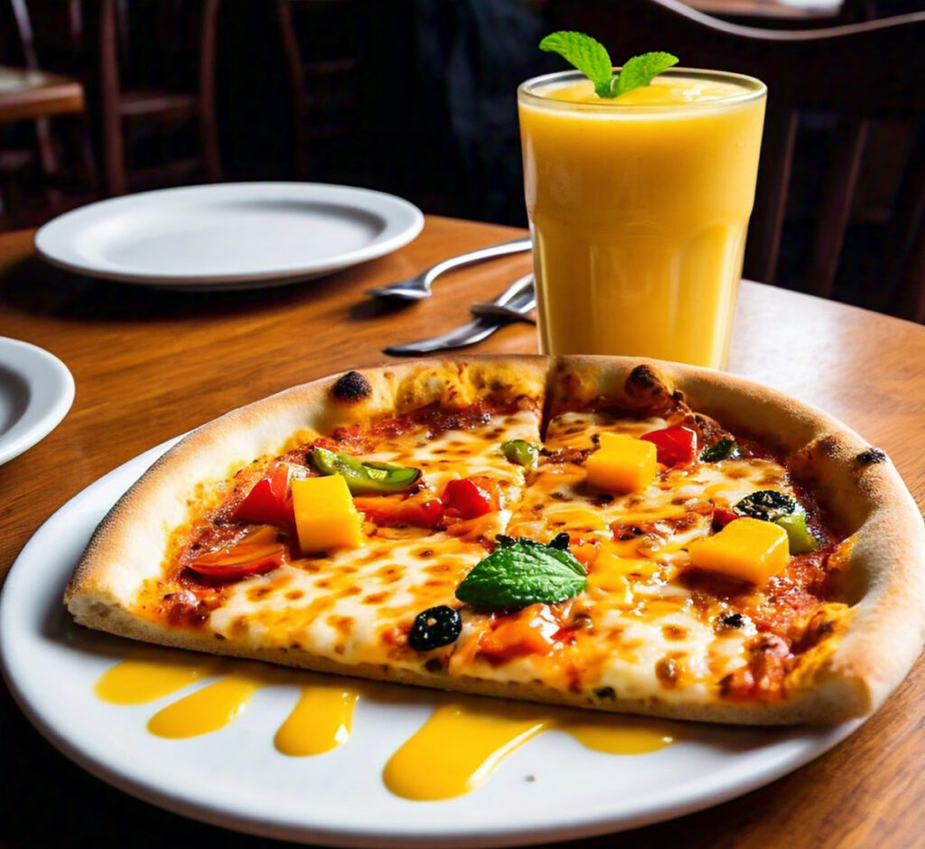 4 Flavor Curry Pizza: A Unique Dish You’ll Love 4 Curry pizza served with a glass of mango lassi