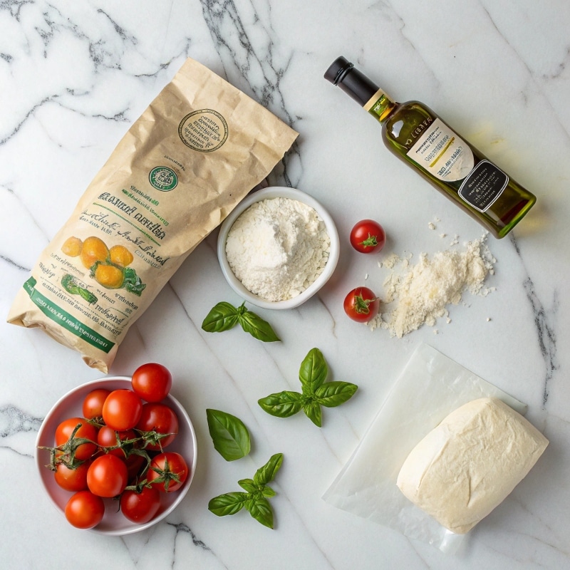 Ingredients for authentic Italian pizza dough and sauce