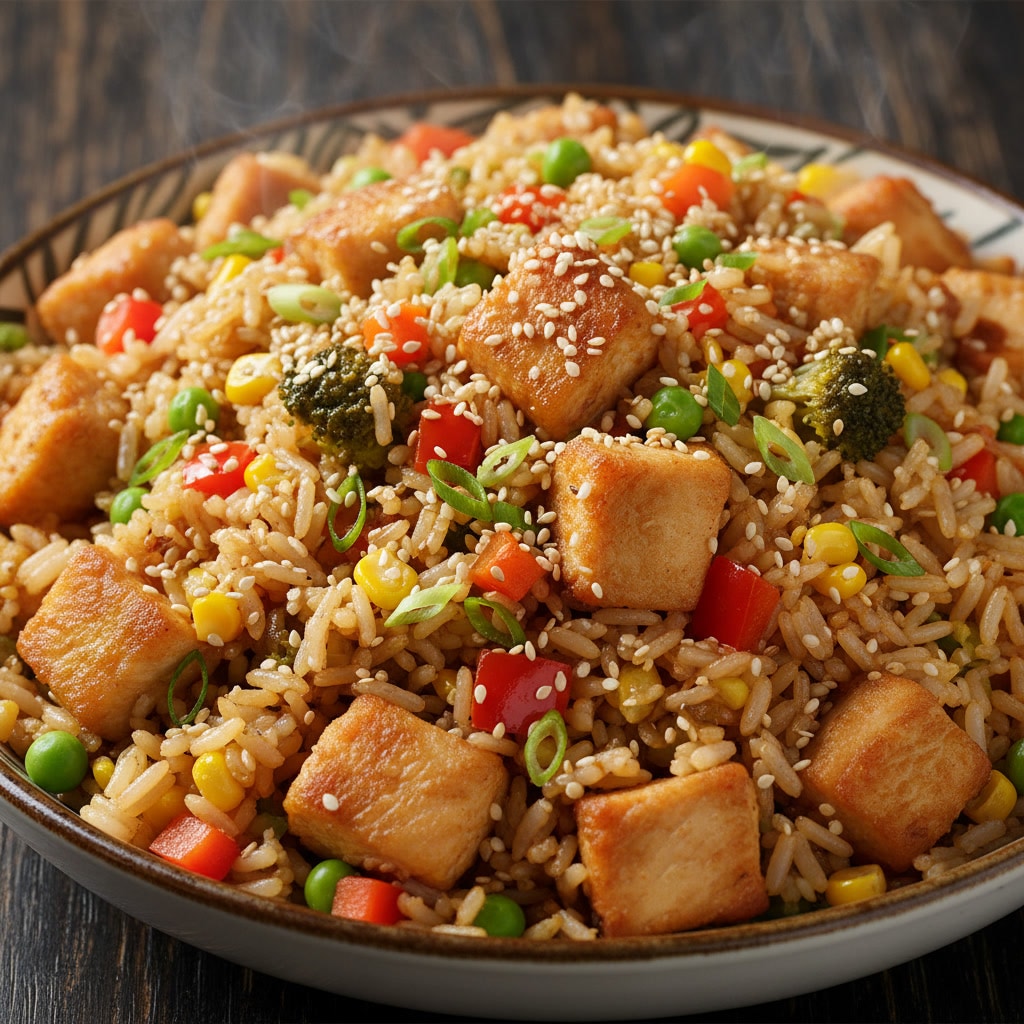 A bowl of chicken fried rice with vegetables.