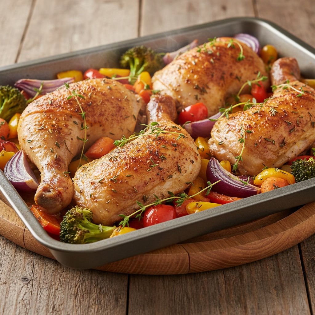 gemini-2.5-flash-image_A_close-up_of_a_sheet_pan_with_crispy_baked_chicken_leg_quarters_and_colorful_ro-0 Sheet pan chicken leg quarters with roasted vegetables.