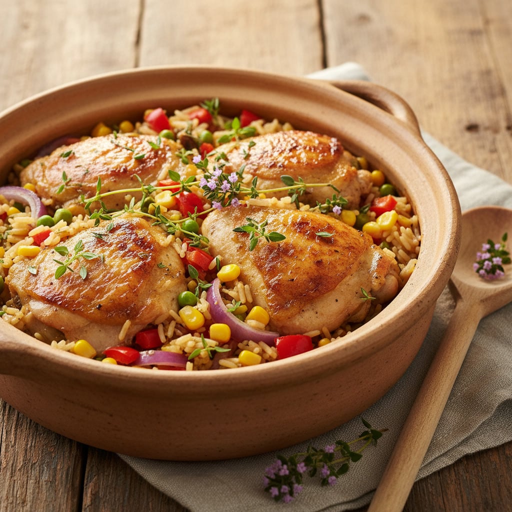 A pot of chicken thighs and rice with herbs and vegetables.
