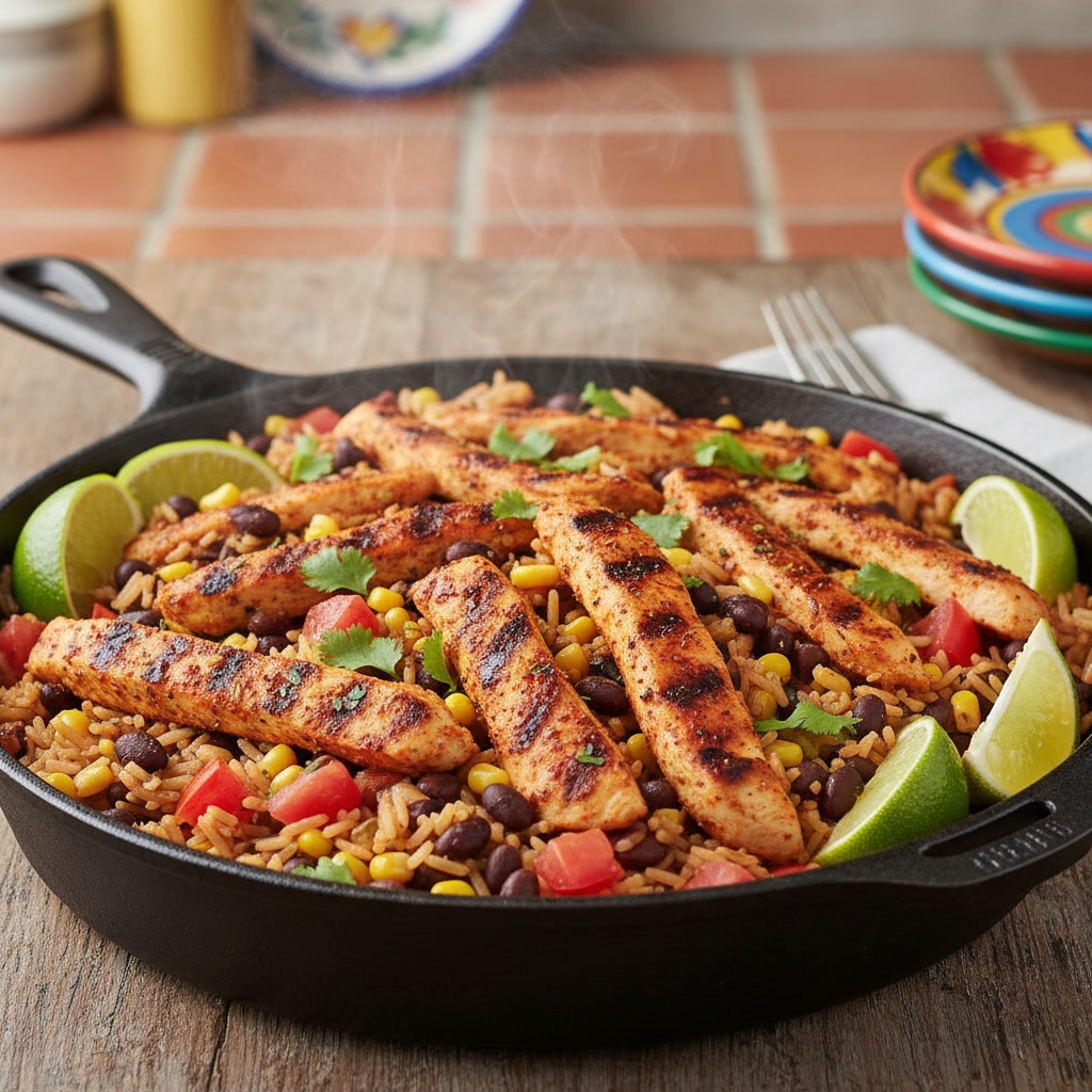 A skillet with chicken, rice, beans, and vegetables topped with fresh cilantro.
