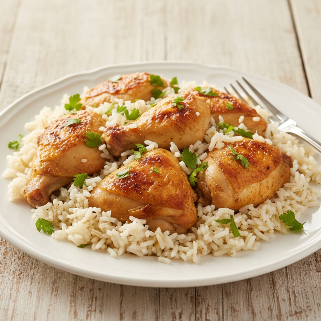 A serving of Chicken and rice recipes garnished with fresh herbs on a white plate.