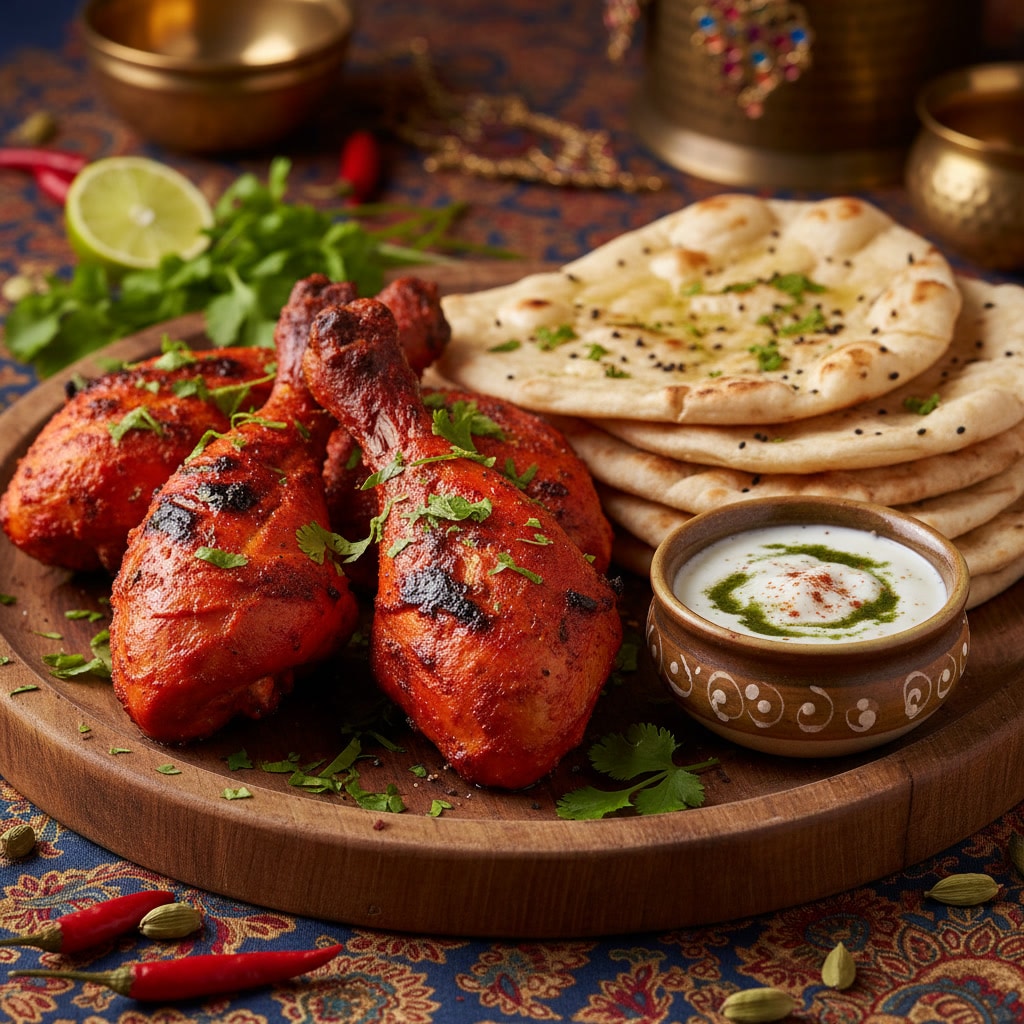 Tandoori-Spiced Chicken Leg Quarters Tandoori chicken leg quarters on a platter with naan bread and yogurt dip.