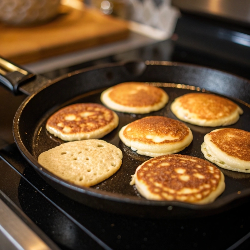 Cooking Mini Pancakes on a Skillet Mini pancakes cooking on a non-stick skillet.