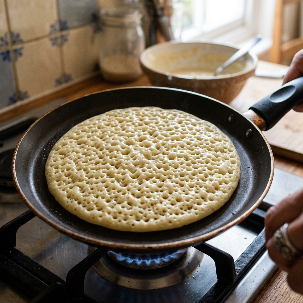 Baghrir: The best Traditional Moroccan Pancakes 3 Baghrir batter bubbling in a non-stick skillet.