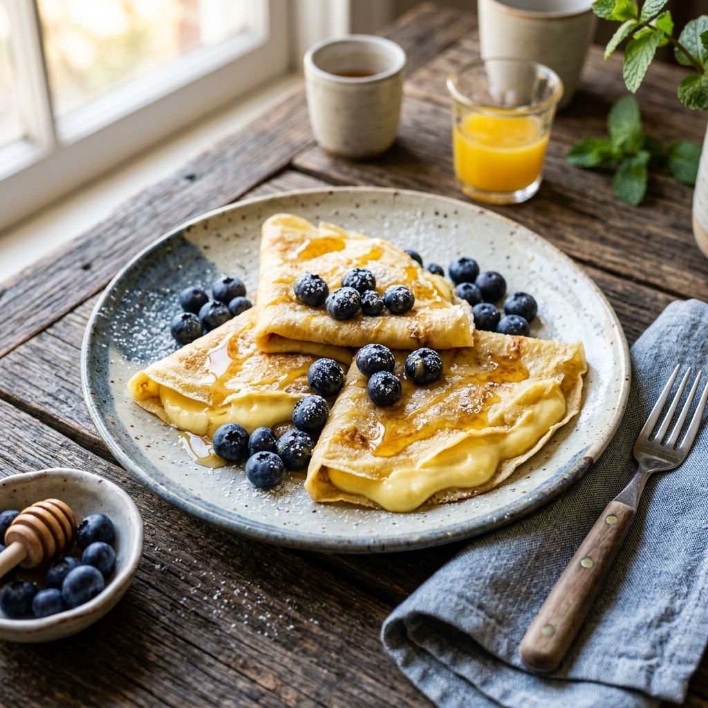 A plate of crepes filled with lemon cream cheese and topped with blueberries