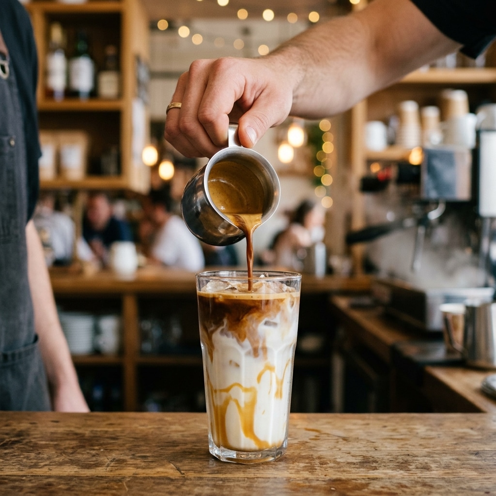 Freshly brewed espresso being poured into a glass of iced milk.