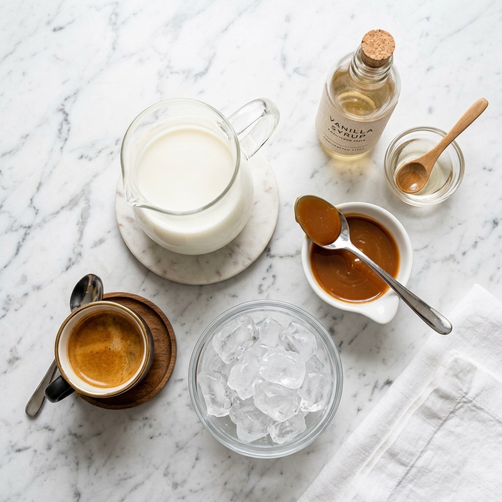 Fresh espresso, milk, caramel sauce, vanilla syrup, and ice cubes arranged on a table.