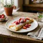 A crepe filled with cream cheese filling and topped with fresh strawberries.