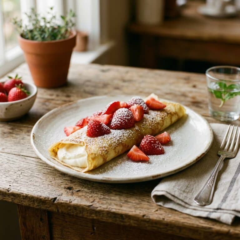A crepe filled with cream cheese filling and topped with fresh strawberries.