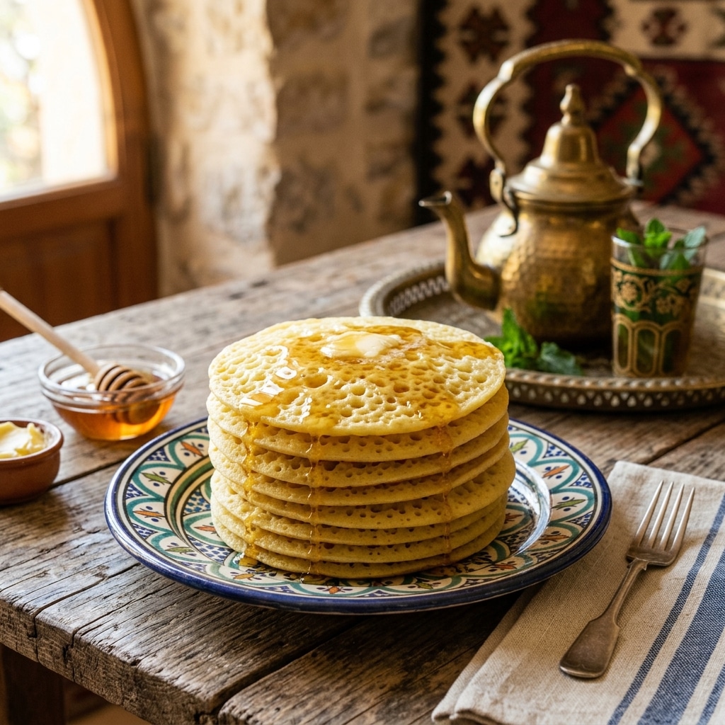 Baghrir: The best Traditional Moroccan Pancakes 1 A stack of baghrir pancakes drizzled with honey and butter.