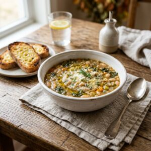 3-Ingredient Chicken Meatballs: Easy, Healthy & Delicious 2 A warm bowl of Tuscan White Bean Soup with fresh herbs and crusty bread.