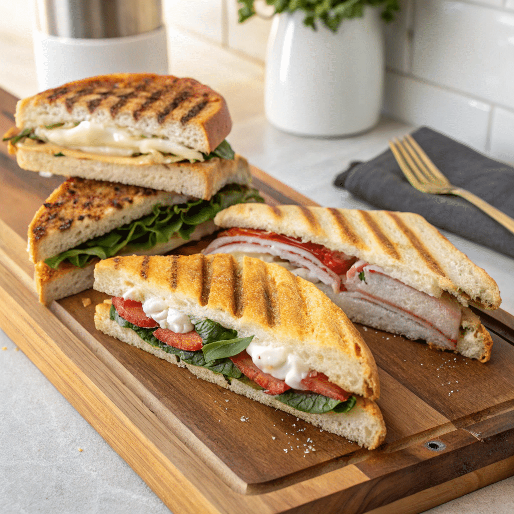 A wooden board with different types of paninis, including Caprese, turkey & cheddar, and roast beef.