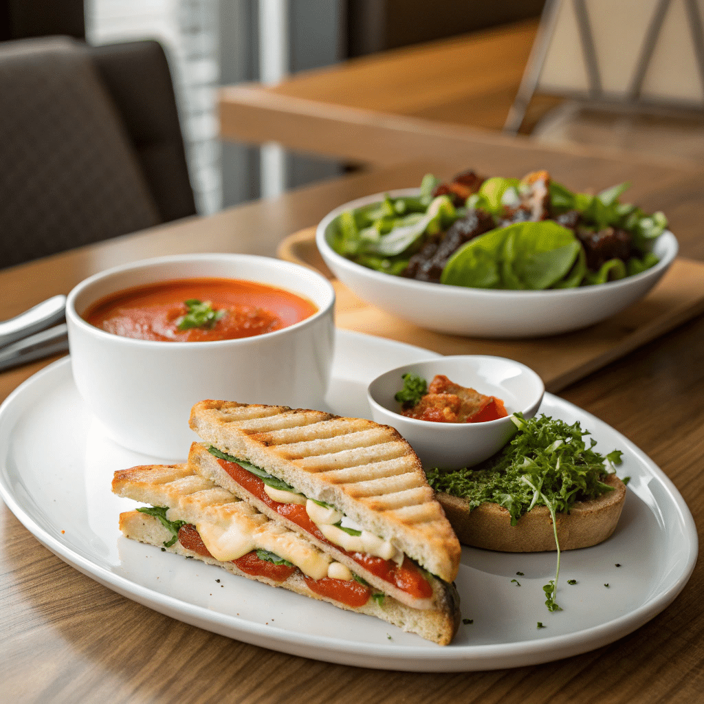 A panini served with a side of tomato soup and salad on a dining table.
Title: The Perfect Panini Meal