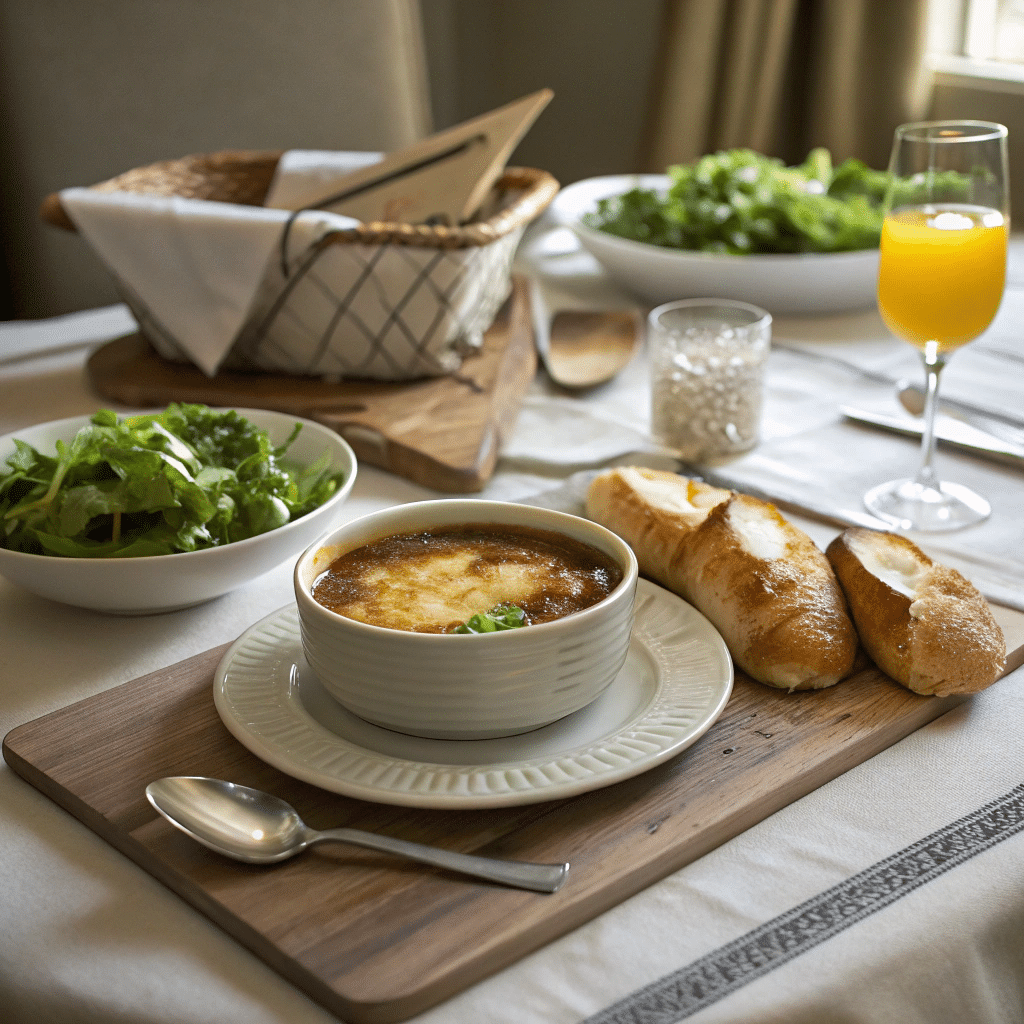 The 6 best French Onion Soup Recipe 6 A full French meal with French onion soup, salad, and juice.