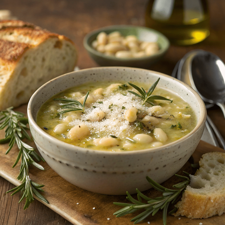 A warm bowl of Tuscan White Bean Soup with fresh herbs and crusty bread.