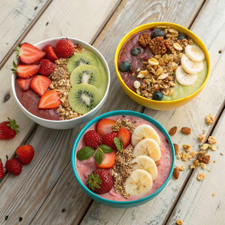 A colorful assortment of smoothie bowls with fresh fruit and toppings.