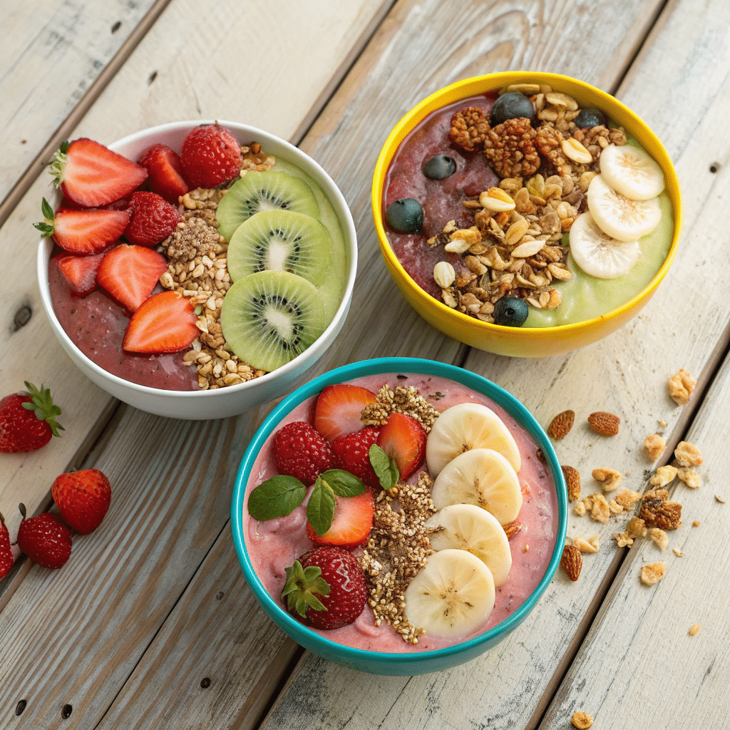 A colorful assortment of smoothie bowls with fresh fruit and toppings.