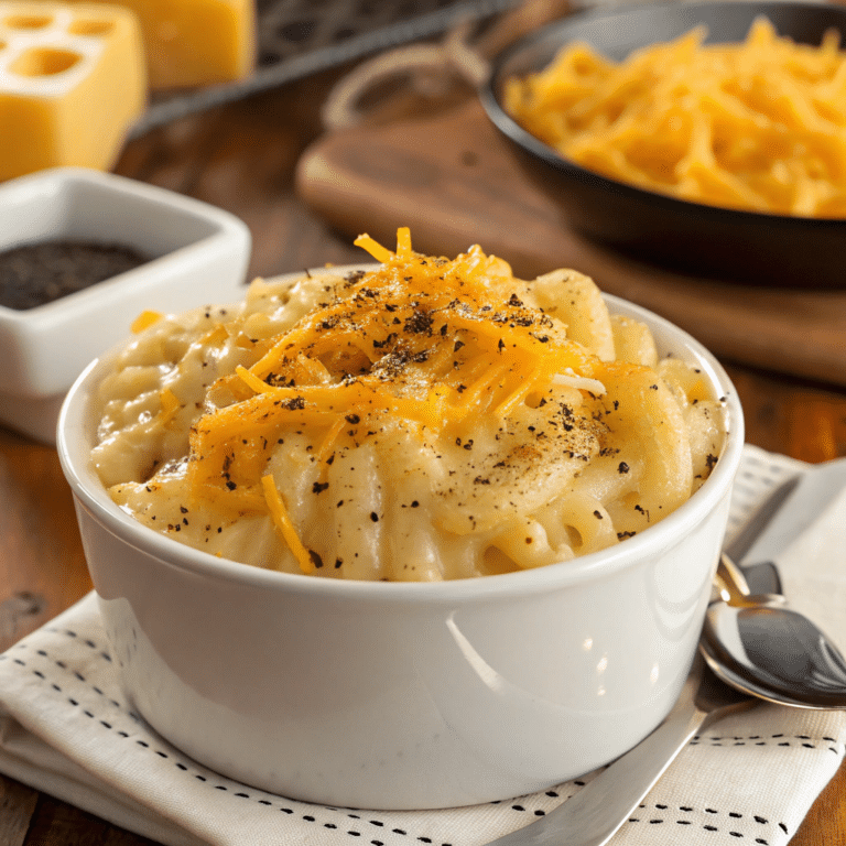 A bowl of creamy homemade mac and cheese topped with freshly shredded cheddar.