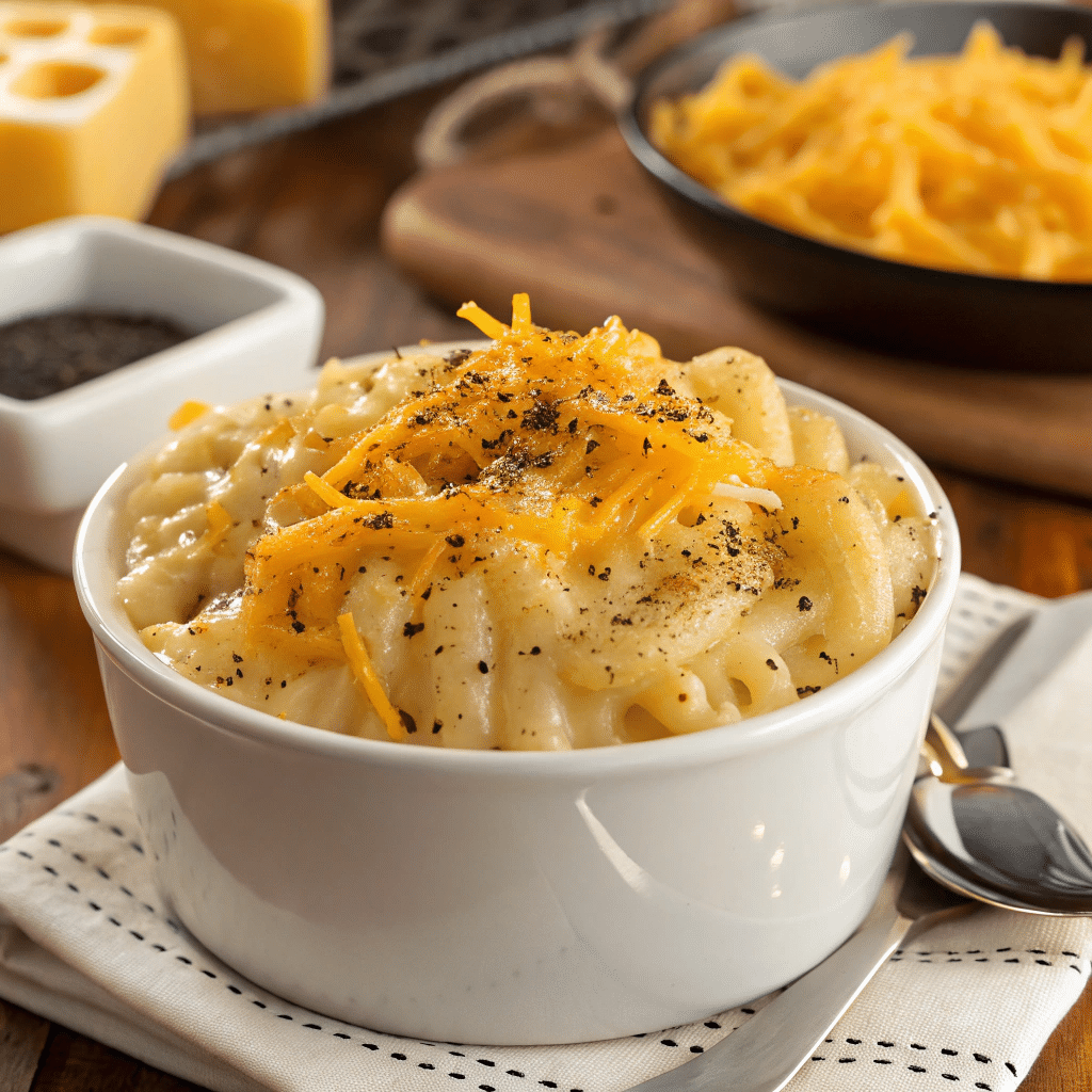 The best Homemade Mac and Cheese 1 A bowl of creamy homemade mac and cheese topped with freshly shredded cheddar.