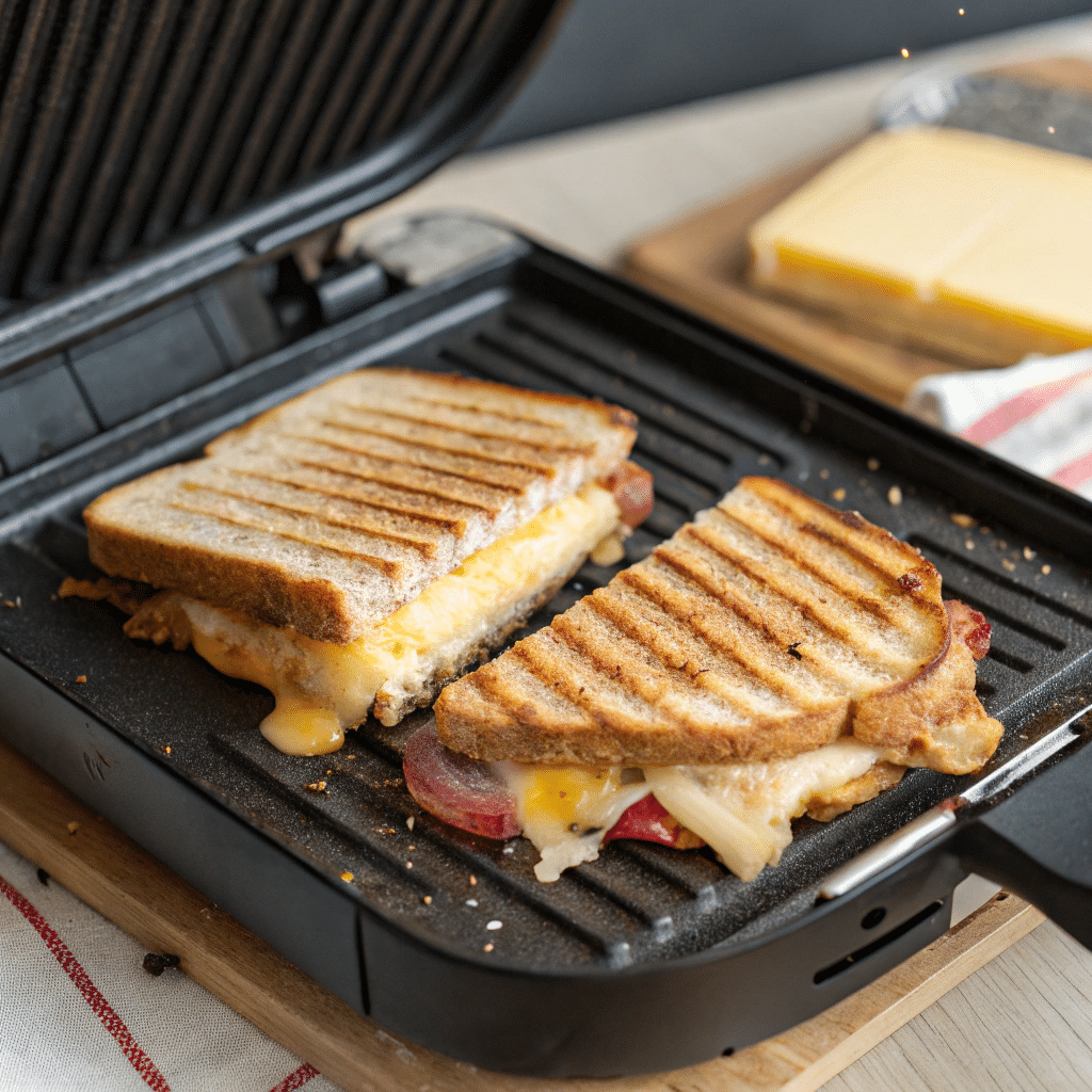 A panini being pressed inside a panini grill with melted cheese.
