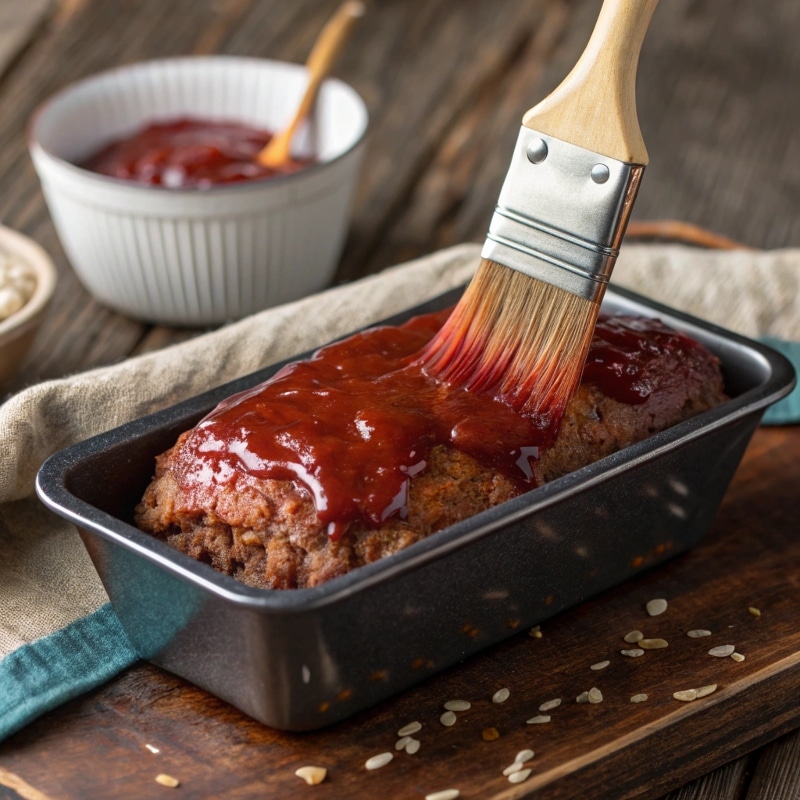 Glazing the Meatloaf for Extra Flavor A brush spreading a sweet and tangy glaze over meatloaf before baking.