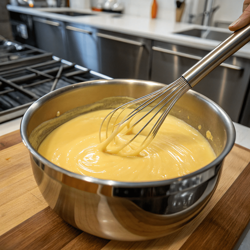 The best Homemade Mac and Cheese 4 A saucepan with a smooth and creamy cheese sauce being stirred with a whisk.