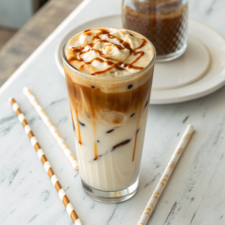 A tall glass of iced caramel macchiato with visible layers of milk, espresso, and caramel drizzle.