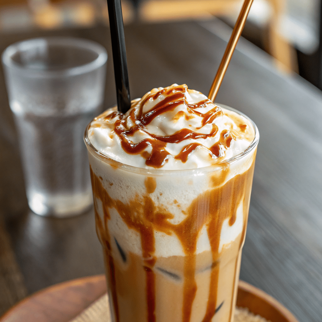 Caramel sauce being drizzled on top of an iced caramel macchiato.