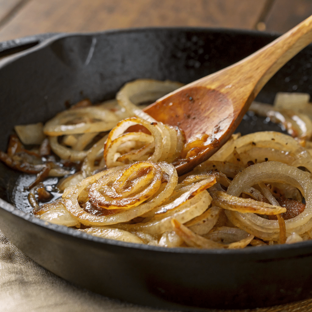 The 6 best French Onion Soup Recipe 4 Onions slowly caramelizing in a cast-iron skillet with butter.