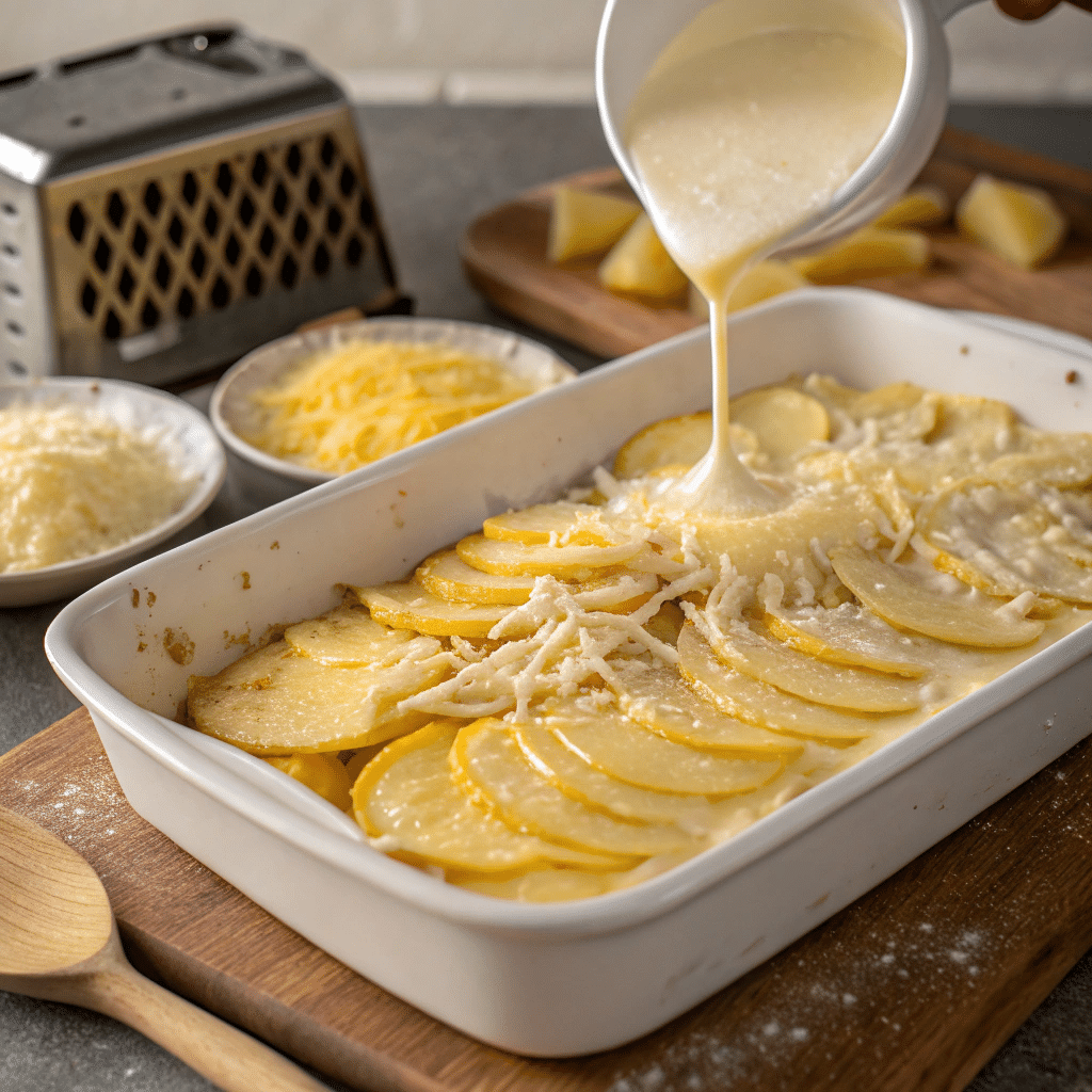 Cheesy Potatoes Gratin: The Ultimate Comfort Food Guide 4 A baking dish with layered potatoes and shredded cheese before baking.