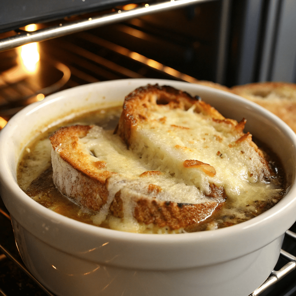 The 6 best French Onion Soup Recipe 5 French onion soup in an oven-safe bowl, topped with toasted bread and bubbling melted cheese.