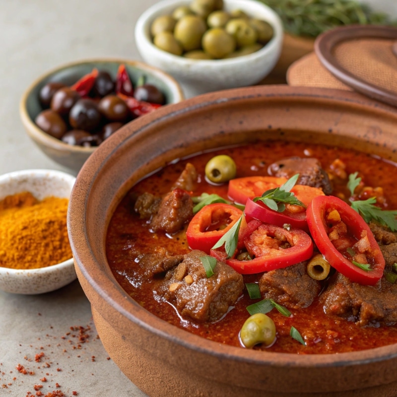 A Moroccan lamb tagine with harissa, garnished with fresh herbs.