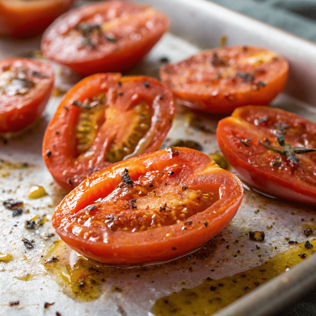 Halved Roma tomatoes on a baking sheet, roasted with olive oil and seasonings.