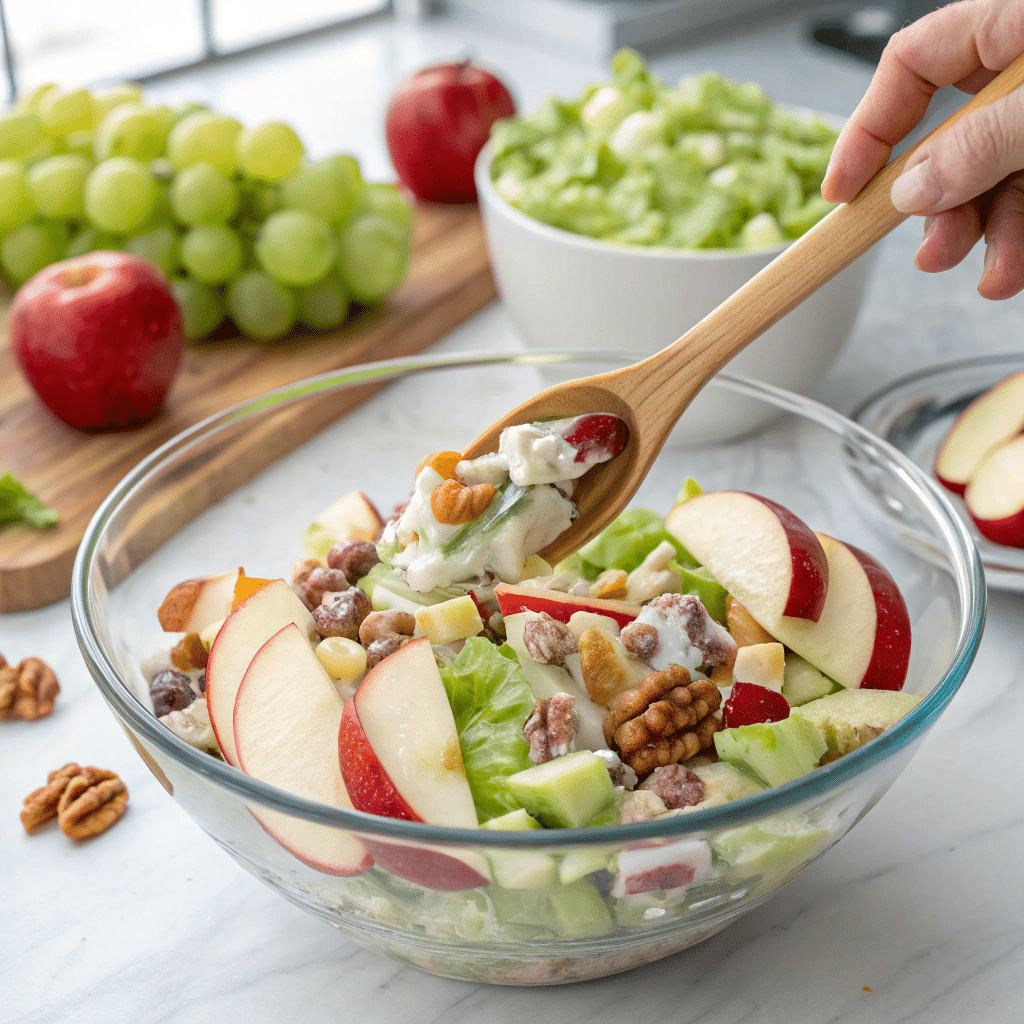 Hands mixing Waldorf Salad ingredients in a glass bowl.