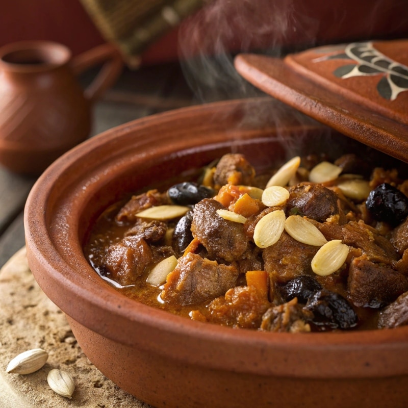 A chef preparing Moroccan lamb tagine in a traditional clay pot.