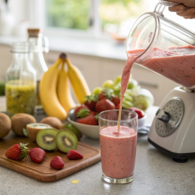 Making the Perfect Smoothie A person pouring a freshly blended smoothie into a glass.