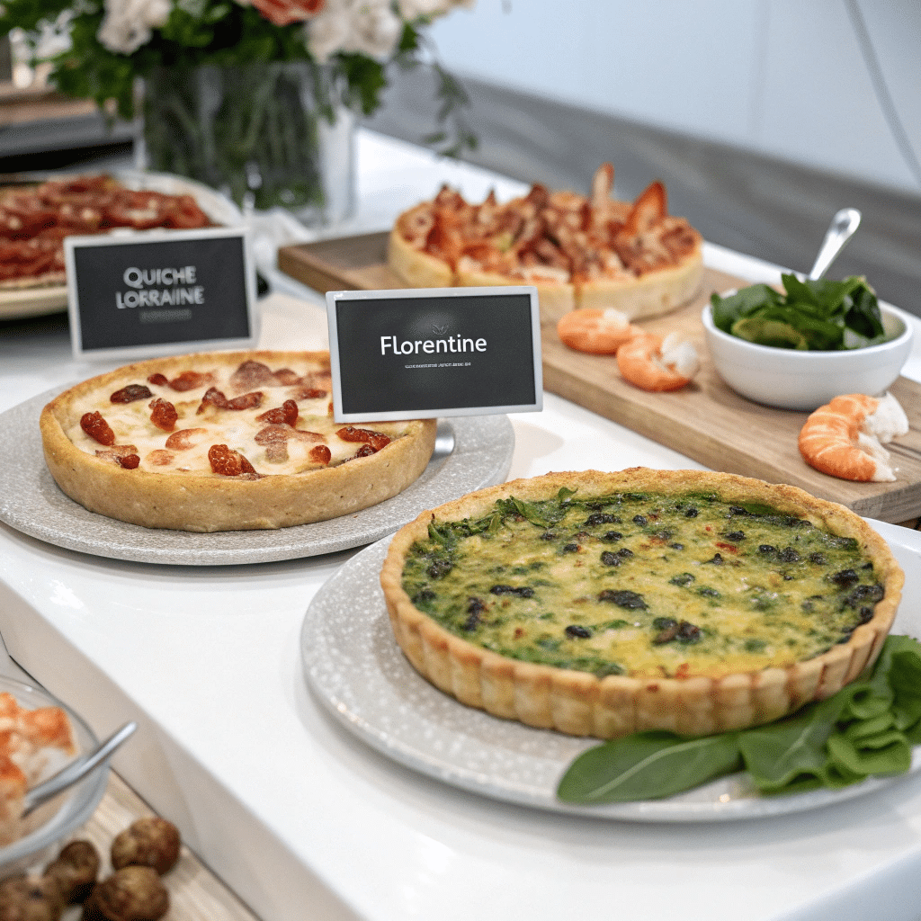 A variety of quiches displayed on a rustic wooden table, including quiche Lorraine, spinach quiche, and seafood quiche.