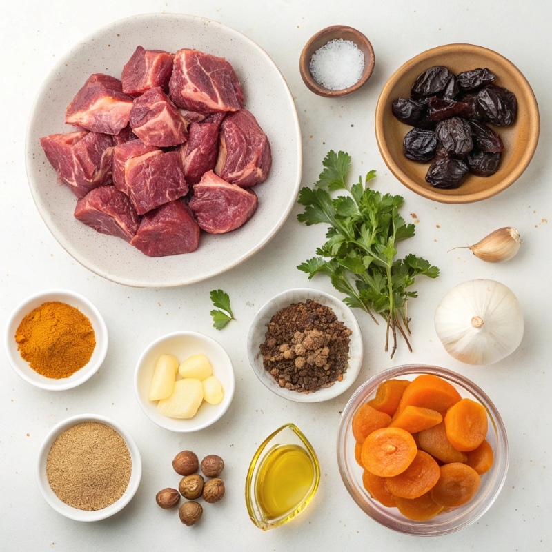 Fresh ingredients for Moroccan lamb tagine, including lamb, spices, prunes, and vegetables.
